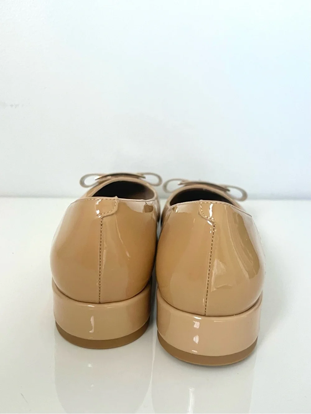 Ferragamo Vera Nude Beige Patent Block Heel Pumps with Decorative Buckle Size 38